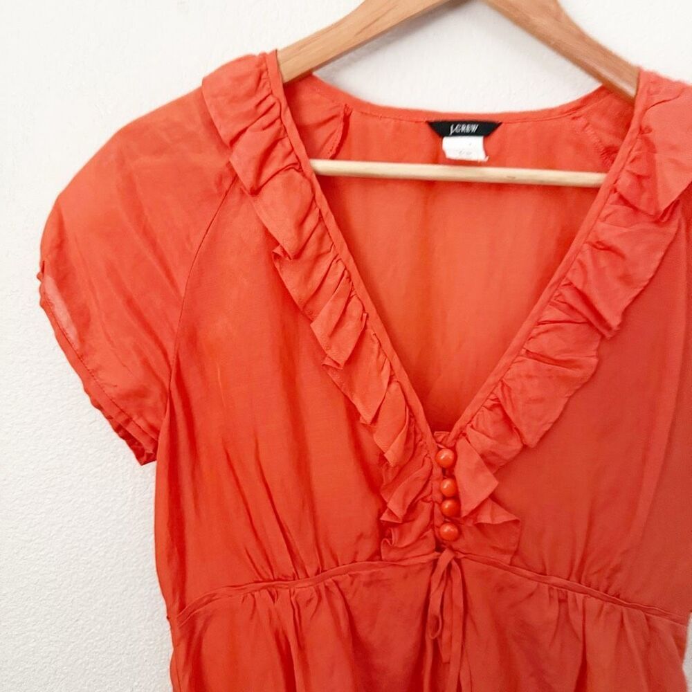 J.CREW | Black Label Orange Silk Blend Ruffle Button Peasant‎ Blouse Silk | 6